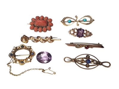 Lot 171 - Seven antique gold and gem set brooches