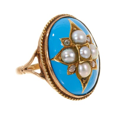 Lot 443 - Victorian style pearl, diamond and turquoise enamel ring