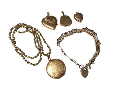 Lot 146 - 9ct gold gate bracelet, three 9ct gold/ yellow metal lockets and one other gold plated locket on gold plated chain