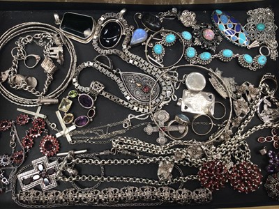 Lot 152 - Group of silver and white metal jewellery including gem set pendants, chains, rings, charm bracelet, other bracelets and two belcher link watch chains