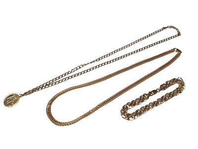 Lot 164 - 9ct gold flat curb link chain with 9ct gold St. Christopher pendant, 9ct gold double row curb link chain and a 9ct gold fancy link bracelet (3)