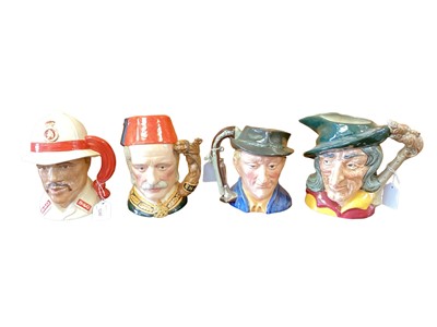 Lot 1240 - Eight Royal Doulton character jugs - Bahamas Policeman, General Gordon, Guy Fawkes, The Antique Dealer, Pied Piper, The Poacher, Lumberjack and musical Old King Cole