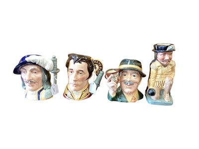 Lot 1241 - Seven Royal Doulton character jugs - Athos, Porthos, Aramis, Dick Whittington, The Collector, Duke of Wellington and Little Mester Museum Piece, plus Sir Francis Drake toby jug (8)