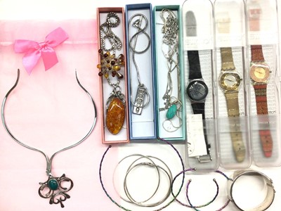 Lot 1030 - Three cased Swatch watches and various contemporary silver jewellery