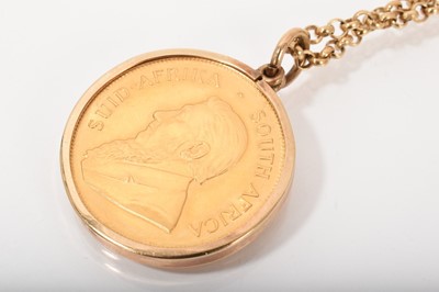 Lot 557 - South African gold Krugerand, 1981, in 9ct gold pendant mount on 9ct gold chain