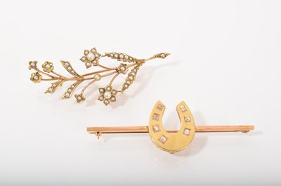 Lot 554 - Victorian 9ct gold and diamond set horseshoe brooch and a Victorian 9ct gold seed pearl floral spray brooch