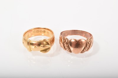 Lot 562 - Antique 18ct gold buckle ring (London 1915) and an Edwardian 9ct rose gold heart shape band (Birmingham 1909)