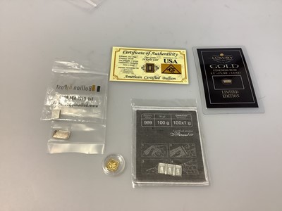 Lot 536 - World - Mixed coins & bullion bars to include Austria silver 150 Euro coins x 2, bullion gold 24ct 1 gram bar, Scottesdale fine silver 5 Troy oz bar, Gents .925 silver bar bracelet Wt. 95.7g...