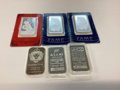 Lot 540 - World - Mixed fine silver bullion bars to include 50gm x 2 & 1oz x 4 (6 bullion bars)