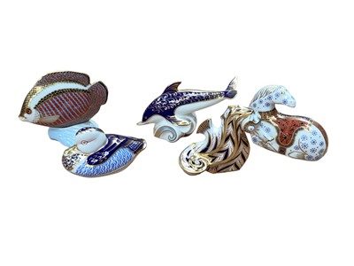 Lot 1215 - Five Royal Crown Derby paperweights to include Tropical Fish Gourami, Seahorse, Dolphin etc