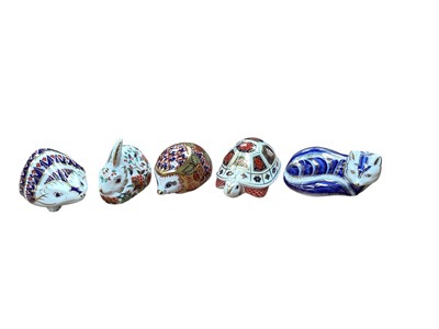 Lot 1216 - Five Royal Crown Derby paperweights to include Meadow Rabbit and Orchard Hedgehog