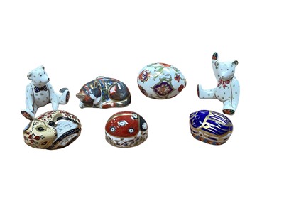 Lot 1218 - Six Royal Crown Derby paperweights to include Millennium Bug and Catnip Kitten, together with a Crown Derby egg (7)