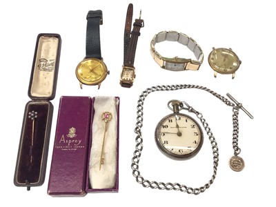 Lot 180 - Edwardian 9ct gold pink stone and seed pearl bar brooch, similar stick pin, plated pocket watch with a silver watch chain and four other watches