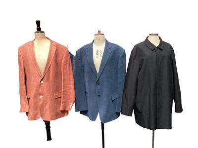 Lot 2153 - Four linen mix men's jackets all large size, makes include Hawes & Curtis and Kanali. Also a blue wool mix suit, grey check suit and other items.