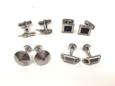 Lot 191 - Pair of Mont Blanc silver and pink gem stone cufflinks (Swiss hallmark), one other pair of Mont Blanc silver cufflinks, a pair of white metal feather and nib cufflinks and a pair of Bvlgari silv...