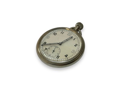 Lot 704 - Second World War British military pocket watch with Arabic numeral dial, blued steel hands and subsidiary seconds, rear of case marked with broad arrow and 6E / 50, A29001.