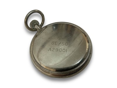 Lot 704 - Second World War British military pocket watch with Arabic numeral dial, blued steel hands and subsidiary seconds, rear of case marked with broad arrow and 6E / 50, A29001.