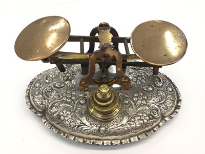 Lot 184 - Victorian silver mounted Howell & James Limited brass desk scales with weights (London 1888)