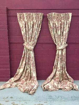 Lot 2155 - Two pairs of good quality interlined curtains with reddish pink floral design