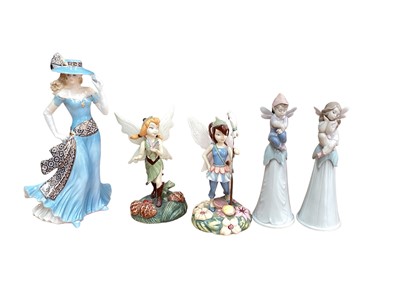 Lot 1253 - Two Lladro porcelain pixie bells, together with two Royal Doulton figures - Beck and Bess, and a Royal Worcester figure - Tea at The Ritz (5)