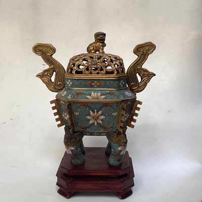 Lot 2532 - Chinese cloisonné censer with pierced cover, lion knop and raised on four feet on wood stand