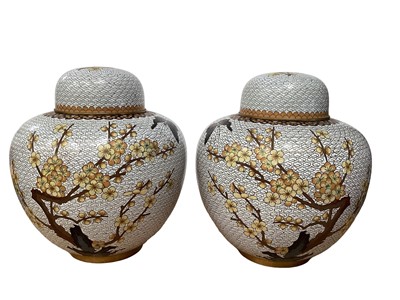 Lot 2555 - Pair large Oriental Cloisonne jars and covers and two modern Chinese vases and covers and one other vase (5)