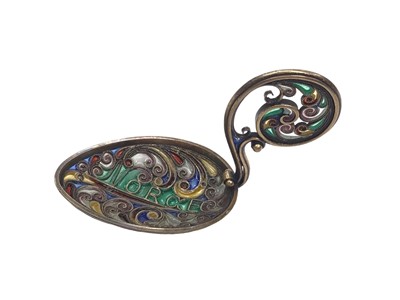 Lot 202 - 19th century Norwegian white metal and plique-à-jour enamel caddy spoon