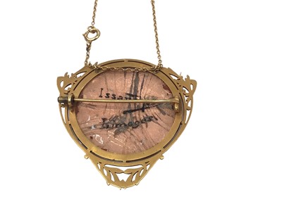 Lot 198 - Jean Baptiste Issanchou (1875 – 1960) Limoges circular enamel plaque depicting a classical maiden, 40mm diameter, in a French 18ct gold pendant/ brooch mount on gold chain, signed verso
