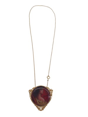 Lot 198 - Jean Baptiste Issanchou (1875 – 1960) Limoges circular enamel plaque depicting a classical maiden, 40mm diameter, in a French 18ct gold pendant/ brooch mount on gold chain, signed verso