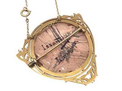 Lot 198 - Jean Baptiste Issanchou (1875 – 1960) Limoges circular enamel plaque depicting a classical maiden, 40mm diameter, in a French 18ct gold pendant/ brooch mount on gold chain, signed verso
