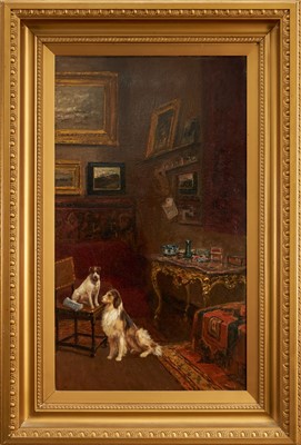 Lot 1315 - English School, late 19th/early 20th century, oil on canvas - 'Waiting for the Artist', indistinctly monogrammed, 80cm x 46cm, in gilt frame