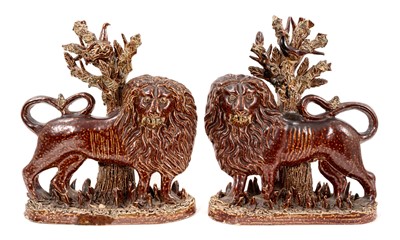 Lot 37 - Pair of 19th century salt glazed stoneware lions