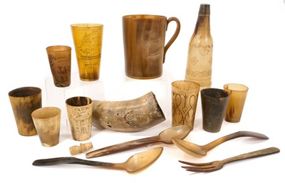 Lot 824 - Collection of horn beakers and other carved horn