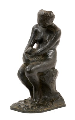 Lot 756 - Olga Popoff Muller (American, 1883-1980), bronze sculpture of a seated woman holding a cat, signed