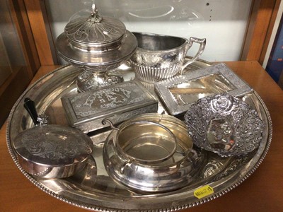 Lot 1092 - Silver floral scroll oval dish, Persian silver plated frame, Eastern and other plated ware