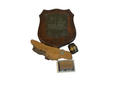 Lot 722 - HMS Victory interest- three pieces of timber taken from HMS Victory with plaques, together with a oak shield mounted with a copper plaque also from HMS Victory.