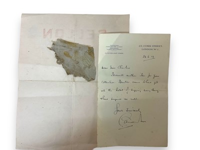 Lot 723 - Early aviation interest- piece of fabric from Hawker / McKenzie - Grieve 1919 failed Atlantic crossing attempt, with letter from A.J.A. Wallace Barr of Celcon Ltd, dated 12th June 1919.