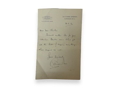 Lot 723 - Early aviation interest- piece of fabric from Hawker / McKenzie - Grieve 1919 failed Atlantic crossing attempt, with letter from A.J.A. Wallace Barr of Celcon Ltd, dated 12th June 1919.