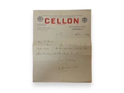 Lot 723 - Early aviation interest- piece of fabric from Hawker / McKenzie - Grieve 1919 failed Atlantic crossing attempt, with letter from A.J.A. Wallace Barr of Celcon Ltd, dated 12th June 1919.