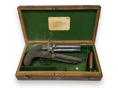 Lot 907 - Pair Victorian 50 bore percussion overcoat pistols by Mortimer, London with octagonal 9.5cm barrels with steel swivel ramrods, engraved side locks, ( one cock has a broken Spur but piece present...