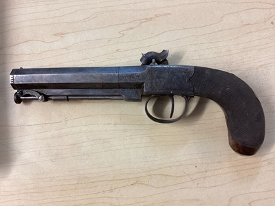 Lot 907 - Pair Victorian 50 bore percussion overcoat pistols by Mortimer, London with octagonal 9.5cm barrels with steel swivel ramrods, engraved side locks, ( one cock has a broken Spur but piece present...