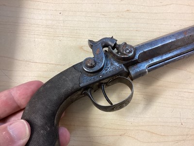 Lot 907 - Pair Victorian 50 bore percussion overcoat pistols by Mortimer, London with octagonal 9.5cm barrels with steel swivel ramrods, engraved side locks, ( one cock has a broken Spur but piece present...