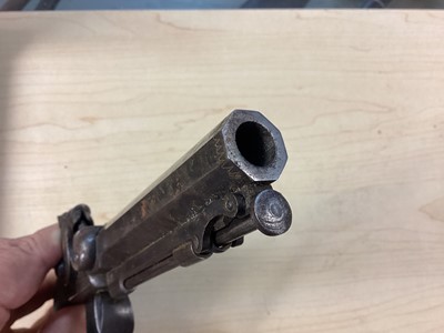 Lot 907 - Pair Victorian 50 bore percussion overcoat pistols by Mortimer, London with octagonal 9.5cm barrels with steel swivel ramrods, engraved side locks, ( one cock has a broken Spur but piece present...