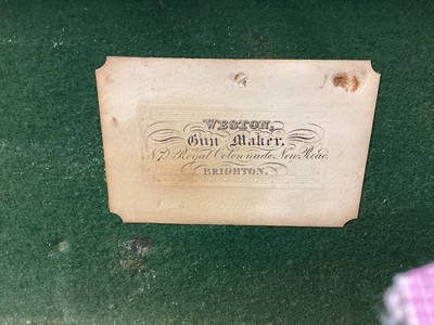 Lot 907 - Pair Victorian 50 bore percussion overcoat pistols by Mortimer, London with octagonal 9.5cm barrels with steel swivel ramrods, engraved side locks, ( one cock has a broken Spur but piece present...