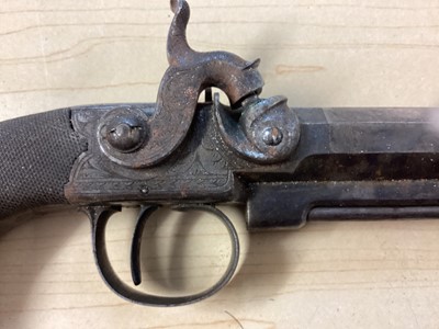 Lot 907 - Pair Victorian 50 bore percussion overcoat pistols by Mortimer, London with octagonal 9.5cm barrels with steel swivel ramrods, engraved side locks, ( one cock has a broken Spur but piece present...