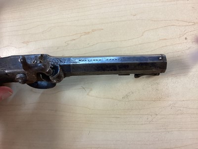 Lot 907 - Pair Victorian 50 bore percussion overcoat pistols by Mortimer, London with octagonal 9.5cm barrels with steel swivel ramrods, engraved side locks, ( one cock has a broken Spur but piece present...