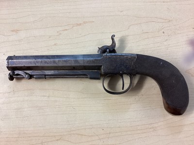 Lot 907 - Pair Victorian 50 bore percussion overcoat pistols by Mortimer, London with octagonal 9.5cm barrels with steel swivel ramrods, engraved side locks, ( one cock has a broken Spur but piece present...