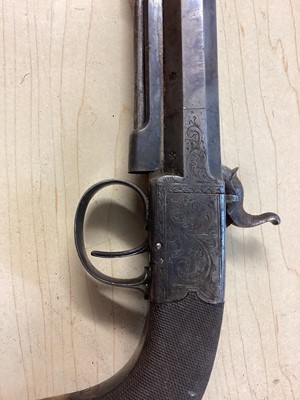 Lot 907 - Pair Victorian 50 bore percussion overcoat pistols by Mortimer, London with octagonal 9.5cm barrels with steel swivel ramrods, engraved side locks, ( one cock has a broken Spur but piece present...