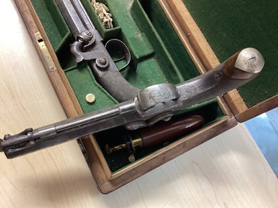 Lot 907 - Pair Victorian 50 bore percussion overcoat pistols by Mortimer, London with octagonal 9.5cm barrels with steel swivel ramrods, engraved side locks, ( one cock has a broken Spur but piece present...