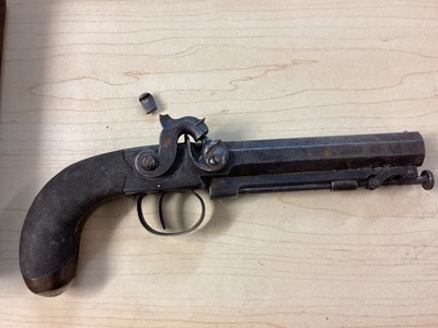 Lot 907 - Pair Victorian 50 bore percussion overcoat pistols by Mortimer, London with octagonal 9.5cm barrels with steel swivel ramrods, engraved side locks, ( one cock has a broken Spur but piece present...
